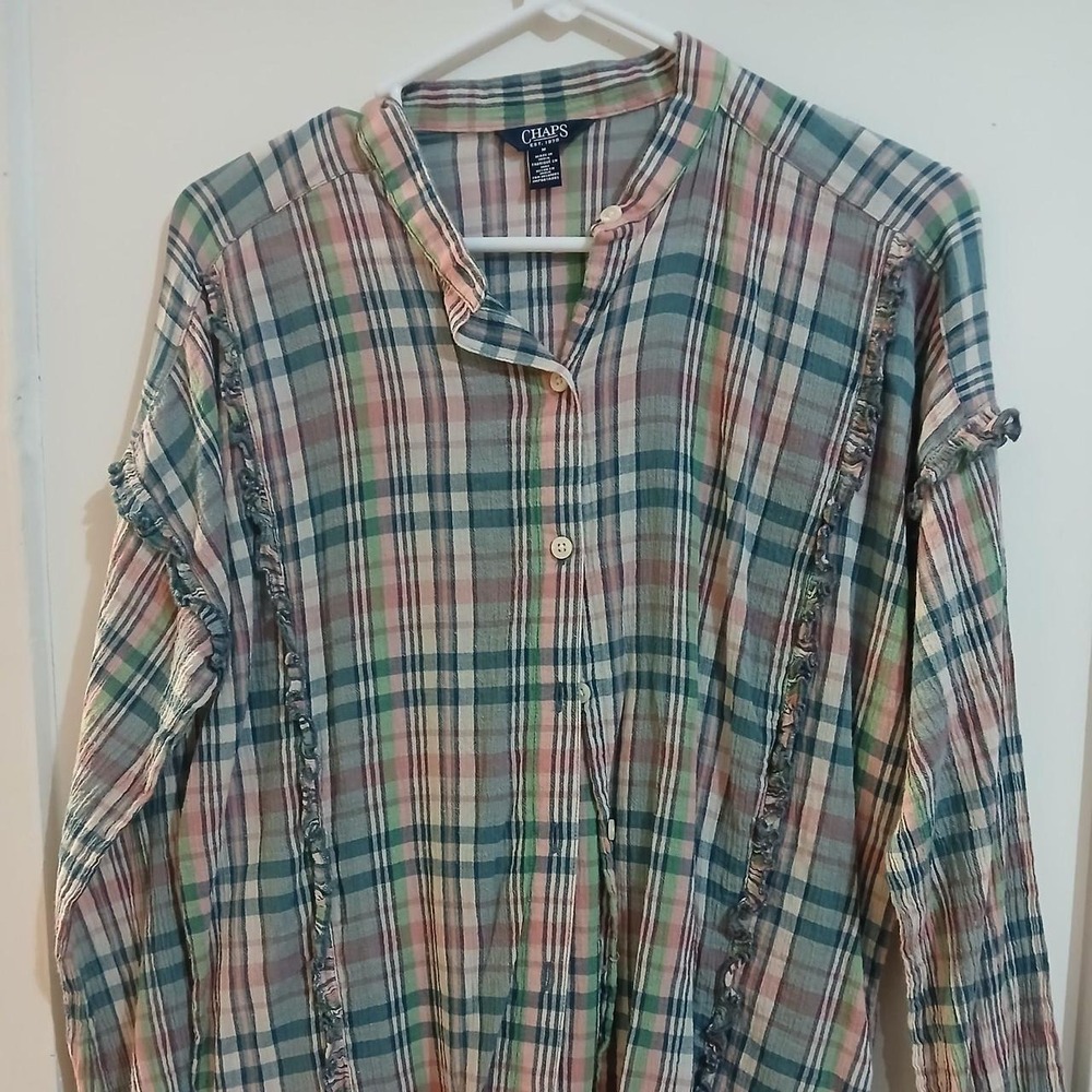 Buttoned Up Ruffled Sleeves  Plaid Shirt XL